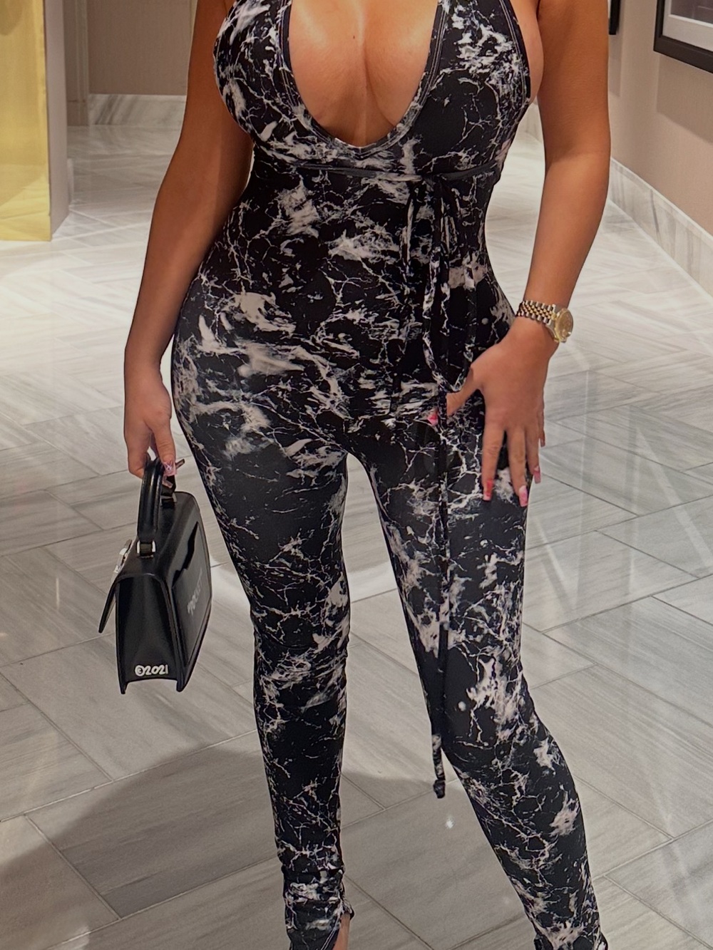 Jlorraine designs Sleek Marble-Print Black & White Jumpsuit